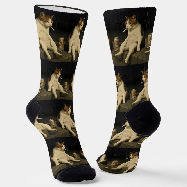 Cigarette Kitten Funny Smoking Cat Gen Z Meme Socks (Angled)