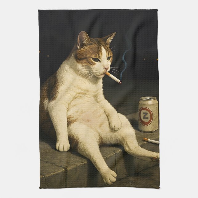 Cigarette Kitten Funny Smoking Cat Gen Z Meme Tea Towel (Vertical)