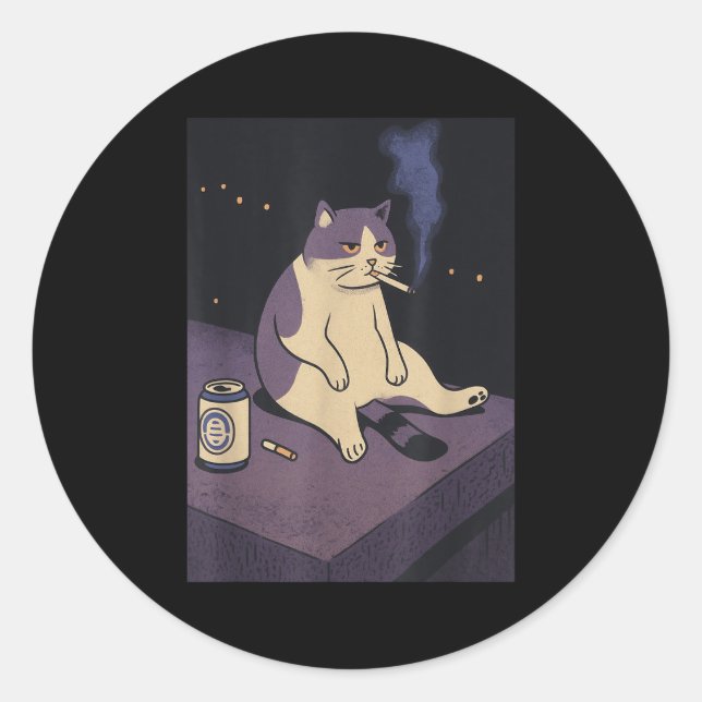 Cigarette Kitten Funny Smoking Cat Meme Stud Brain Classic Round Sticker (Front)