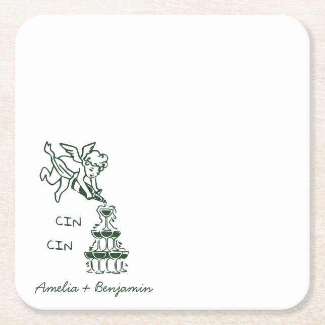 Cin Cin Cherub Hand Drawn Cupid wedding Square Paper Coaster (Front)