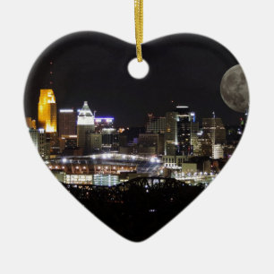 Cincinnat skyline with the moon from above ceramic ornament
