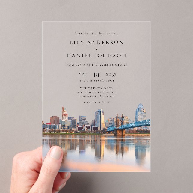 Cincinnati City Skyline Watercolor Wedding Acrylic Invitations (Insitu (Handheld))