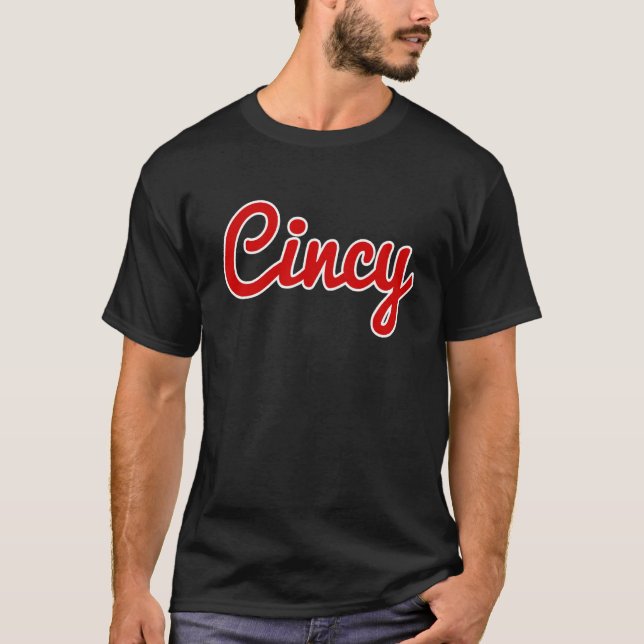 Cincinnati Ohio Classic Red Script Cincy City T-Shirt (Front)