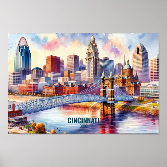Cincinnati Ohio Famous Travel Places watercolor Poster (Front)