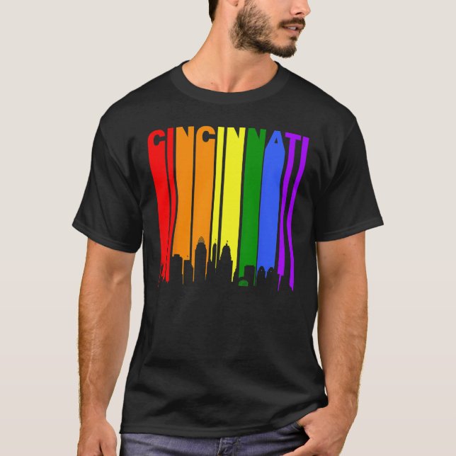 Cincinnati Ohio LGBTQ Gay Pride Rainbow Skyline T-Shirt (Front)