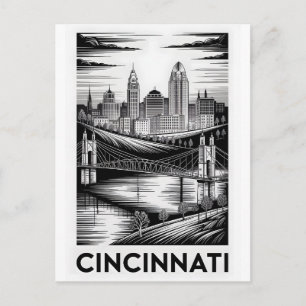 Cincinnati Ohio Skyline Black White Woodcut Postcard
