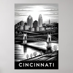 Cincinnati Ohio Skyline Black White Woodcut Poster