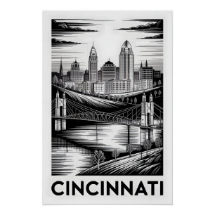 Cincinnati Ohio Skyline Black White Woodcut Poster