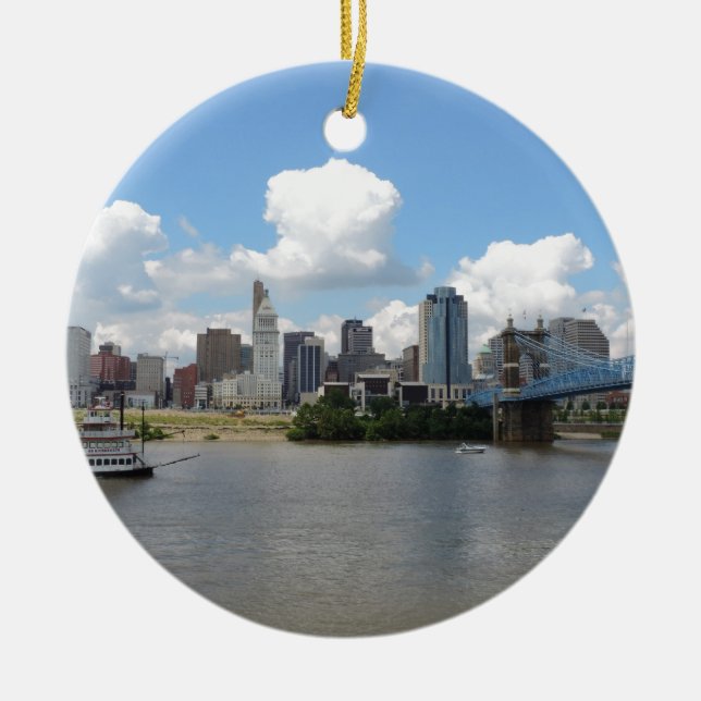 Cincinnati, Ohio skyline with the Ohio River Ceramic Tree Decoration (Front)