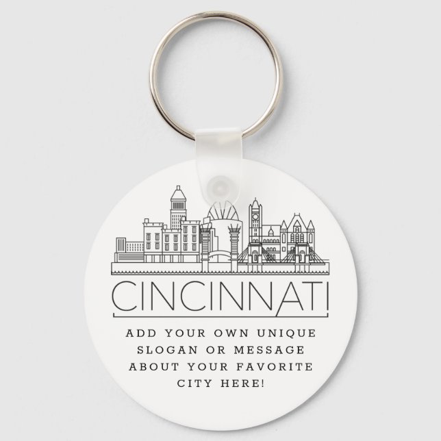 Cincinnati, Ohio Stylised Skyline | Custom Slogan Key Ring (Front)