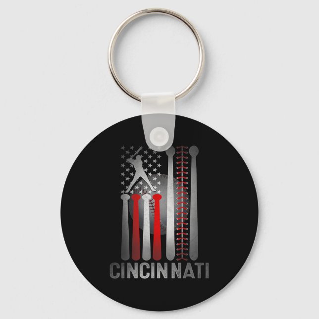 Cincinnati Retro Baseball Lover Us Flag Met At Gam Key Ring (Front)