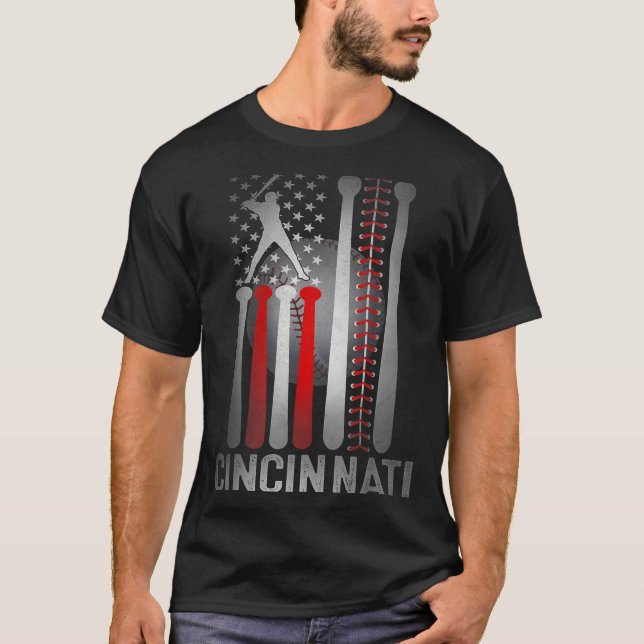 Cincinnati Retro Baseball Lover Us Flag Met At Gam T-Shirt (Front)