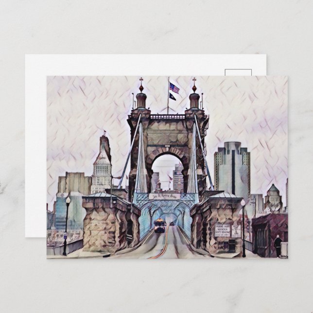 Cincinnati Roebling Suspension Bridge Watercolor Postcard (Front/Back)