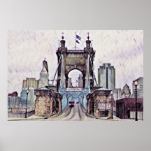 Cincinnati Roebling Suspension Bridge Watercolor 