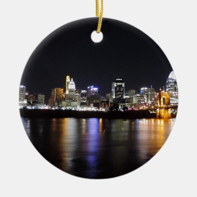 Cincinnati skyline at night ceramic ornament (Front)