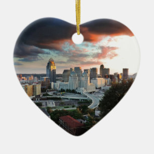 Cincinnati skyline at sunset ceramic ornament