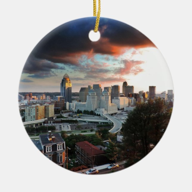 Cincinnati skyline at sunset ceramic tree decoration (Front)