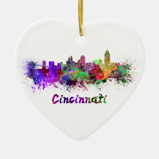Cincinnati skyline in watercolor ceramic ornament (Front)