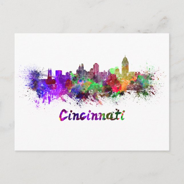 Cincinnati skyline in watercolor postcard (Front)