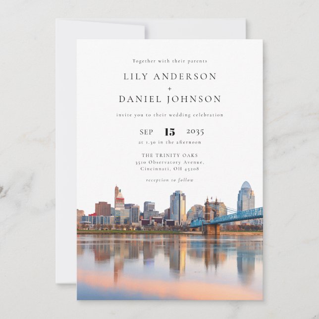 Cincinnati Skyline Watercolor All In One Wedding Invitation (Front)
