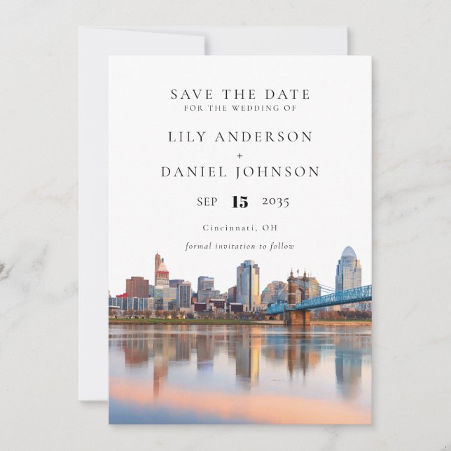 Cincinnati Skyline Watercolor Ohio Wedding Save The Date (Front)