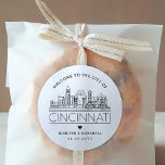 Cincinnati Skyline | Wedding Welcome Message Classic Round Sticker<br><div class="desc">Enhance your wedding welcome packages or event party favours with a custom set of welcome stickers! These elegant yet minimal-style stickers are tailored for a wedding taking place in the beautiful city of Cincinnati. They feature a modern deco skyline with the name of the city integrated underneath. All elements of...</div>