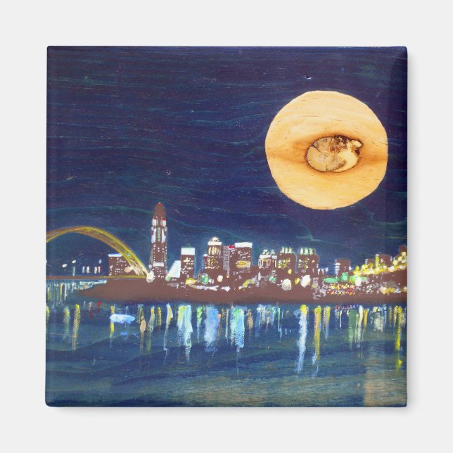 Cincinnati Skyline Wood Moon Magnet (Front)