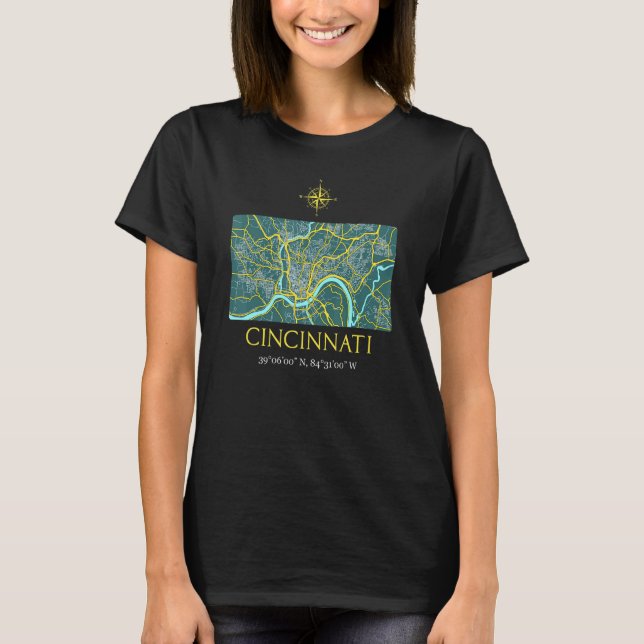 Cincinnati Street Map With Gps Coordinates T-Shirt (Front)