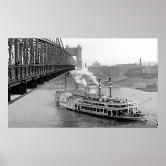 Cincinnati Suspension Bridge and Steamboat 1906 BW Poster