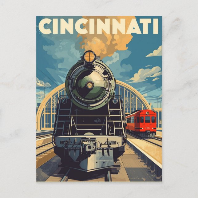 Cincinnati Vintage Train Travel Postcard (Front)