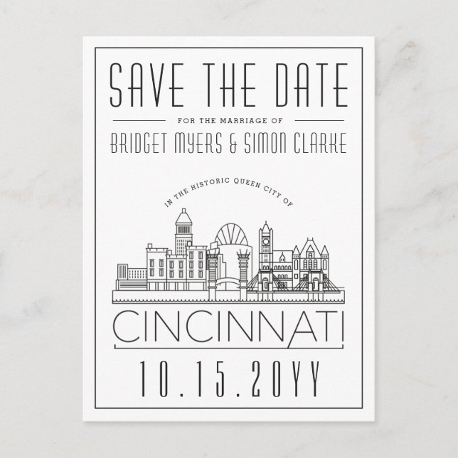 Cincinnati Wedding Stylised Skyline Save the Date Postcard (Front)