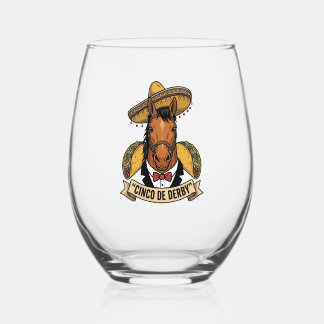 Cinco de Derby Horse Taco Sombrero Vintage Design Stemless Wine Glass