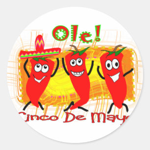 Cinco de Mayo 3 Dancing Chilli Peppers-Adorable Classic Round Sticker