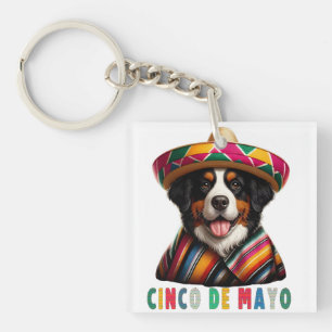 Cinco De Mayo Bernese Dog with Poncho And Sombrero Key Ring