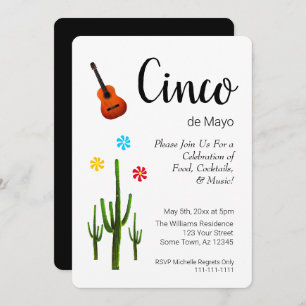 Cinco de Mayo Cactus Black White Party Invitation