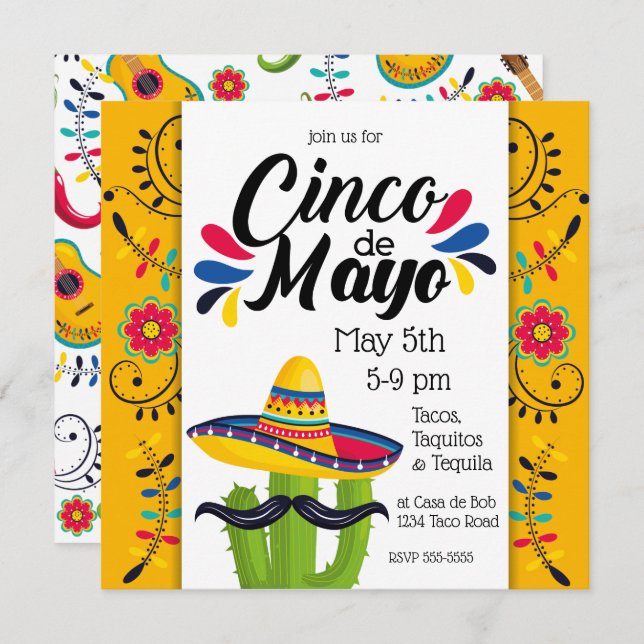 Cinco de Mayo Cactus Folk Flowers Invitation (Front/Back)