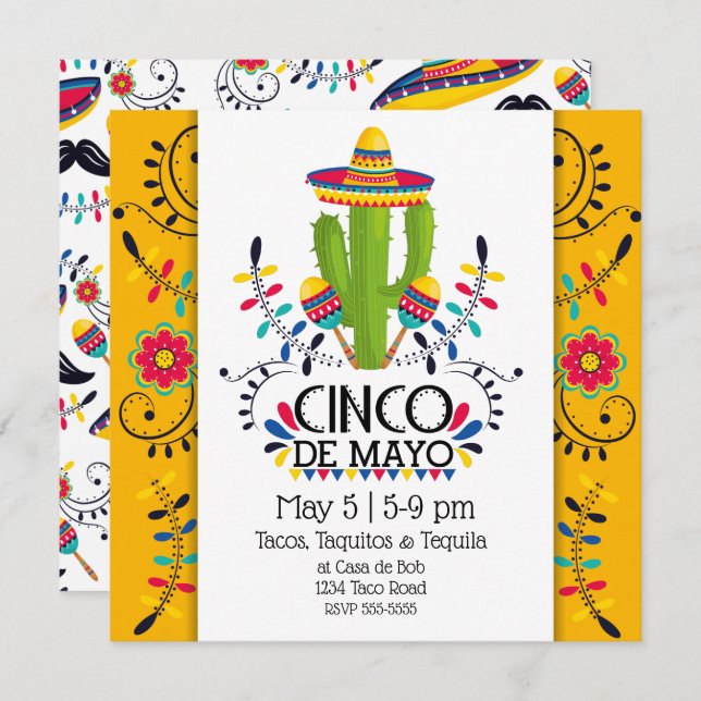 Cinco de Mayo Cactus Folk Sombreros Invitation (Front/Back)