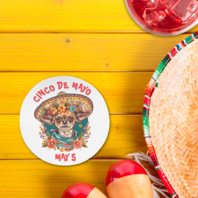 Cinco de Mayo Chihuahua Wearing Sombrero & Serape Round Paper Coaster (Creator Uploaded)