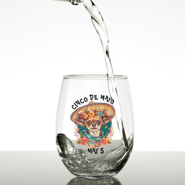 Cinco de Mayo Chihuahua Wearing Sombrero & Serape Stemless Wine Glass (Creator Uploaded)