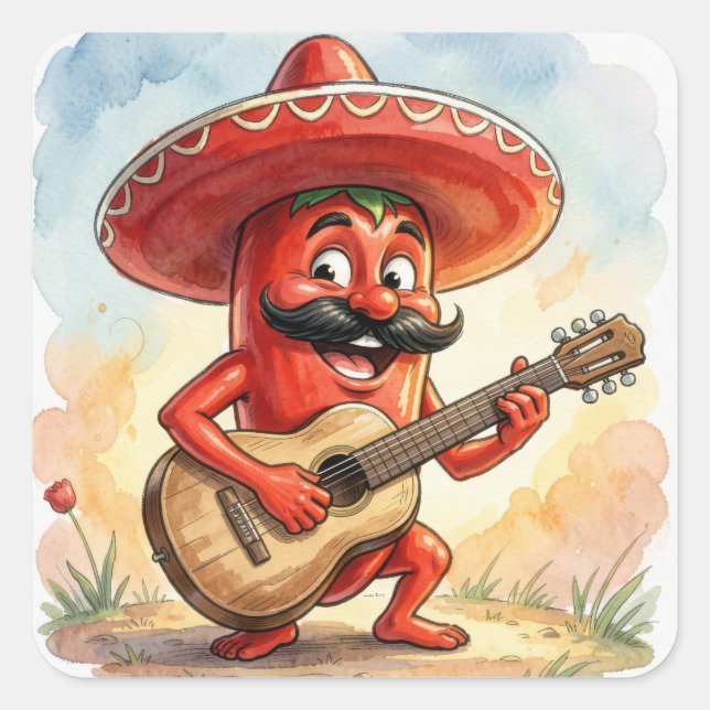 Cinco de Mayo Chilli Guitar Player Square Sticker (Front)
