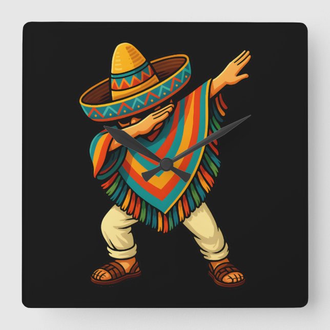 Cinco de Mayo Dabbing Mexican Poncho Square Wall Clock (Front)