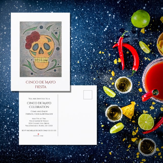 Cinco de Mayo Fiesta Colourful Sugar Skull Party Invitation Postcard (Creator Uploaded)