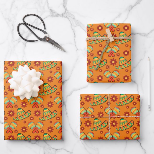 Cinco de Mayo Maracas' Sombreros  Wrapping Paper Sheet (Front)