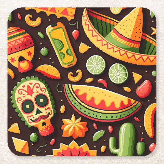 Cinco de Mayo. Mexican bright cartoon pattern  Square Paper Coaster (Front)