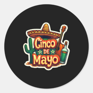 Cinco De Mayo Mexican Cactus Sombrero Guitar Fiest Classic Round Sticker