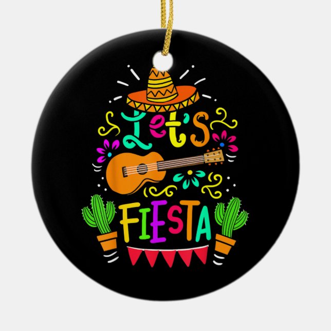 Cinco De Mayo Mexican Guitar Cactus  Ceramic Ornament (Front)