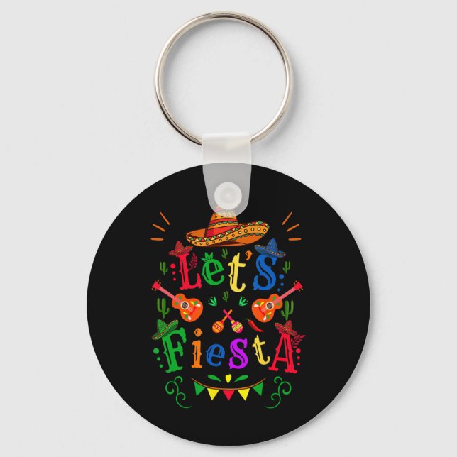 Cinco De Mayo Mexican Guitar Cactus Let's Fiesta  Key Ring (Front)