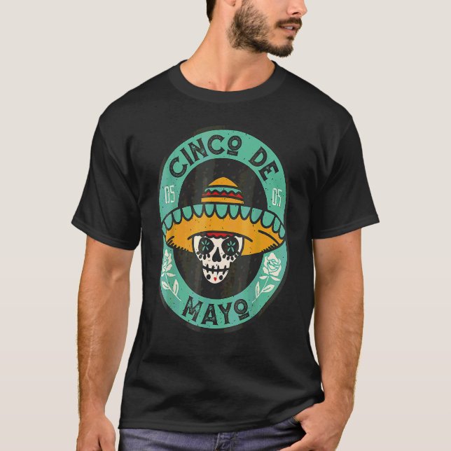 Cinco De Mayo Mexican Sugar Skull Wearing Sombrero T-Shirt (Front)