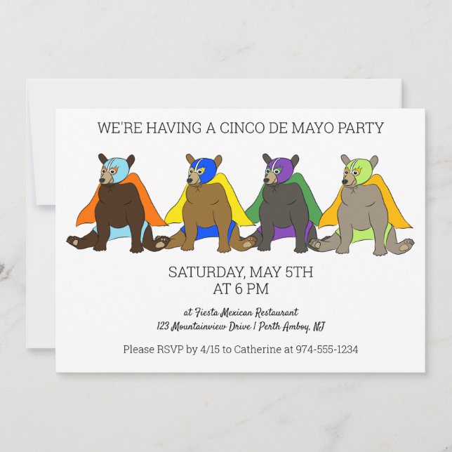 Cinco De Mayo Party Mexican Luchador Bears Invitation (Front)