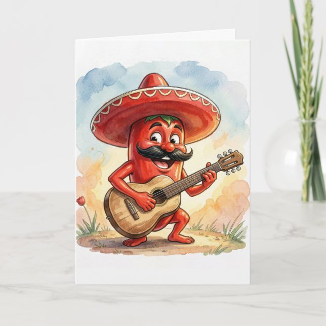 Cinco de Mayo Red Chilli Pepper Guitarist Card (Front)
